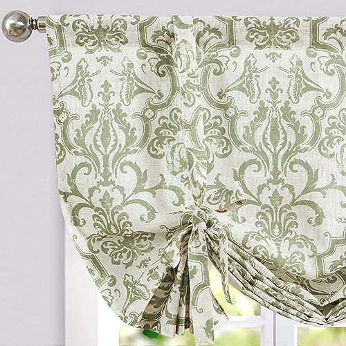 jinchan Floral Linen Kitchen Window Valance, Tie up, 42x54, 1 Panel, Green | Light filtering, linen blend, rod pocket, farmhouse style, rustic decor, kitchen, bathroom, laundry room, RV, small windows - color: Baroque | Sage Green on Flax, size: 42"W x 54