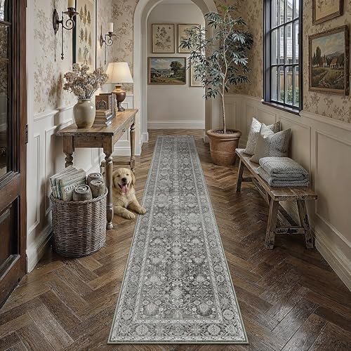 Black Runner Rug 2.6x10 Vintage Traditional Distressed | Washable, Non Slip, Soft Low Pile, Extra Long Hallway Carpet for Kitchen, Entryway, Laundry Room, Farmhouse Decor - color: Accent Black, size: 2'6" x 10' (Runner)