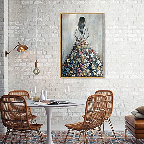 Oliver Gal Girl with Flower Thoughts Canvas Print Wall Art for Living Room, Bedroom, and Bathroom, 24" x 36", Gold Floater Frame - color: Gold Floater Frame, size: 36"L x 24"W