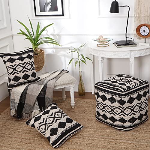 · REDEARTH · Pouf with Filler Cube Bean Bag Pouffe - Linear Diamond Black | 100% Cotton; 17.5"x17.5"x17.5"; Storage Cube, Doubles as Footrest; Boho Decor for Living Room, Bedroom, Nursery, Kidsroom - color: Linear Diamond Black With Filler