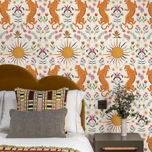 Tropical Beige Tiger Peel and Stick Wallpaper, 17.3" x 120" | Waterproof Removable Self Adhesive Wallpaper, Boho Jungle Animal Contact Paper for Bedroom, Bathroom, DIY Wall Decor,14.4 sq. - color: Beige, size: 17.3" x 120"