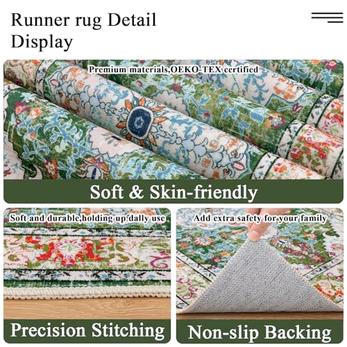 U'Artlines 3'x20' Boho Hallway Runner Rug Non Slip Washable Runners,Green | Vintage Farmhouse Kitchen Rug Accent Area Carpet for Entryway, Dining Room and Living Room - color: Green, size: 3' x 20' (Runner)