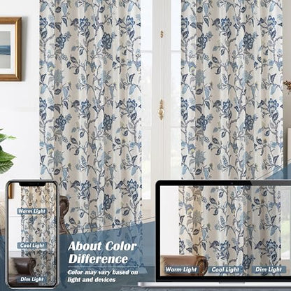 DriftAway Ada Floral Botanical Print Flower Leaf Lined Thermal Insulated Room Darkening Linen Blend 100% Blackout Back Tab Window Curtains 2 Layers Set of 2 Panels Each 52 Inch by 84 Inch Navy - color: Navy-back Tab, size: 52"W x 84"L (Pack of 2)