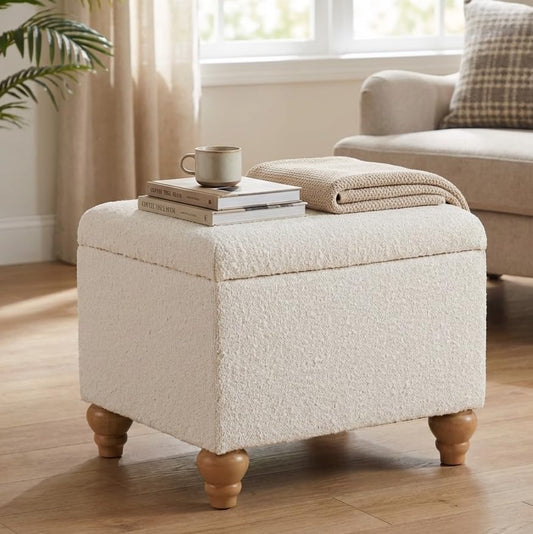 HomePop 22" Medium Rectangular Storage Ottoman - Cream Boucle - color: Cream Boucle