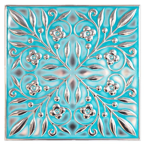 Peel and Stick Metal Tiles, Teal & Silver Leaves, 10-Pack | 8 x 8 in tile size; Covers up to 4.44 sq ft; Aluminum; Water-resistant surface; For kitchens, ceilings, DIY projects - style: Teal and Silver Leaves