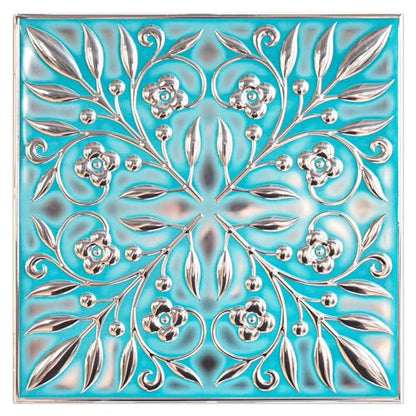 Peel and Stick Metal Tiles, Teal & Silver Leaves, 10-Pack | 8 x 8 in tile size; Covers up to 4.44 sq ft; Aluminum; Water-resistant surface; For kitchens, ceilings, DIY projects - style: Teal and Silver Leaves