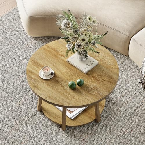 LITTLE TREE Round Coffee Table, 2-Tier Center Table with Storage | Wooden Legs, 31.5 Dia. x 19.6 H Inches, Easy Assembly, Circle Coffee Tables for Living Room, Bedroom - color: Oak