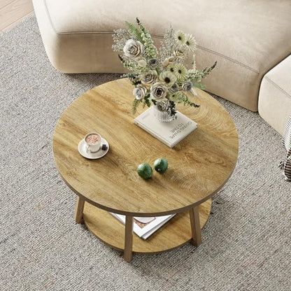 LITTLE TREE Round Coffee Table, 2-Tier Center Table with Storage | Wooden Legs, 31.5 Dia. x 19.6 H Inches, Easy Assembly, Circle Coffee Tables for Living Room, Bedroom - color: Oak