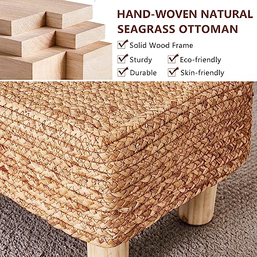 Wimarsbon Natural Seagrass Footstool Ottoman Rectangular Footrest Pouf Ottomans with Wooden Legs Hand Weave Step Stool for Living Room Bedroom Entryway Natural - color: Natural, size: 12"D x 16.5"W x 9.5"H