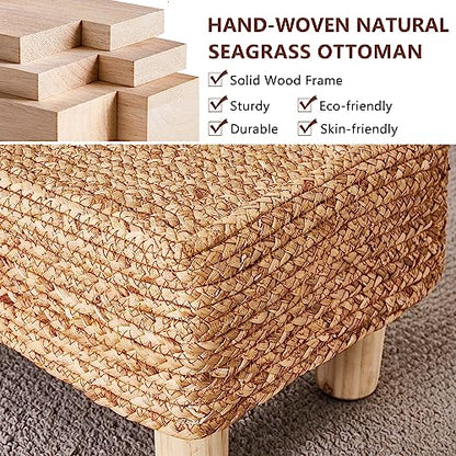 Wimarsbon Natural Seagrass Footstool Ottoman Rectangular Footrest Pouf Ottomans with Wooden Legs Hand Weave Step Stool for Living Room Bedroom Entryway Natural - color: Natural, size: 12"D x 16.5"W x 9.5"H
