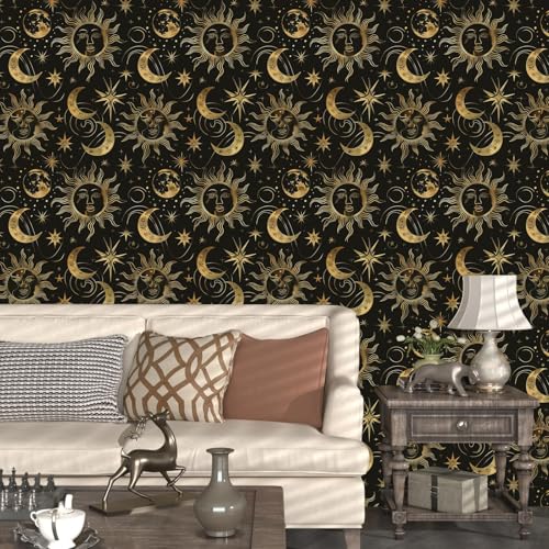 Celestial Sun Moon Wallpaper Peel and Stick 17.5"x 118",Black/Golden | Self Adhesive/Removable/Waterproof/Thick Vinyl Contact Paper for Bathroom Bedroom Shelf Cabinet Drawer,Prepasted,Easy Peel - color: Gold moon, size: 17.5" x 118"