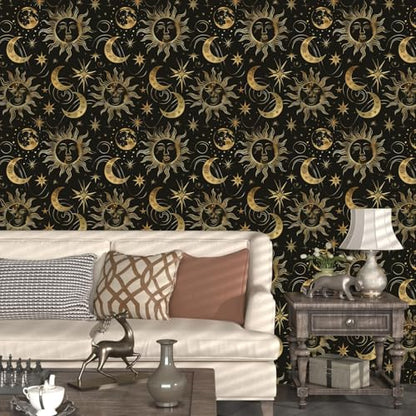 Celestial Sun Moon Wallpaper Peel and Stick 17.5"x 118",Black/Golden | Self Adhesive/Removable/Waterproof/Thick Vinyl Contact Paper for Bathroom Bedroom Shelf Cabinet Drawer,Prepasted,Easy Peel - color: Gold moon, size: 17.5" x 118"