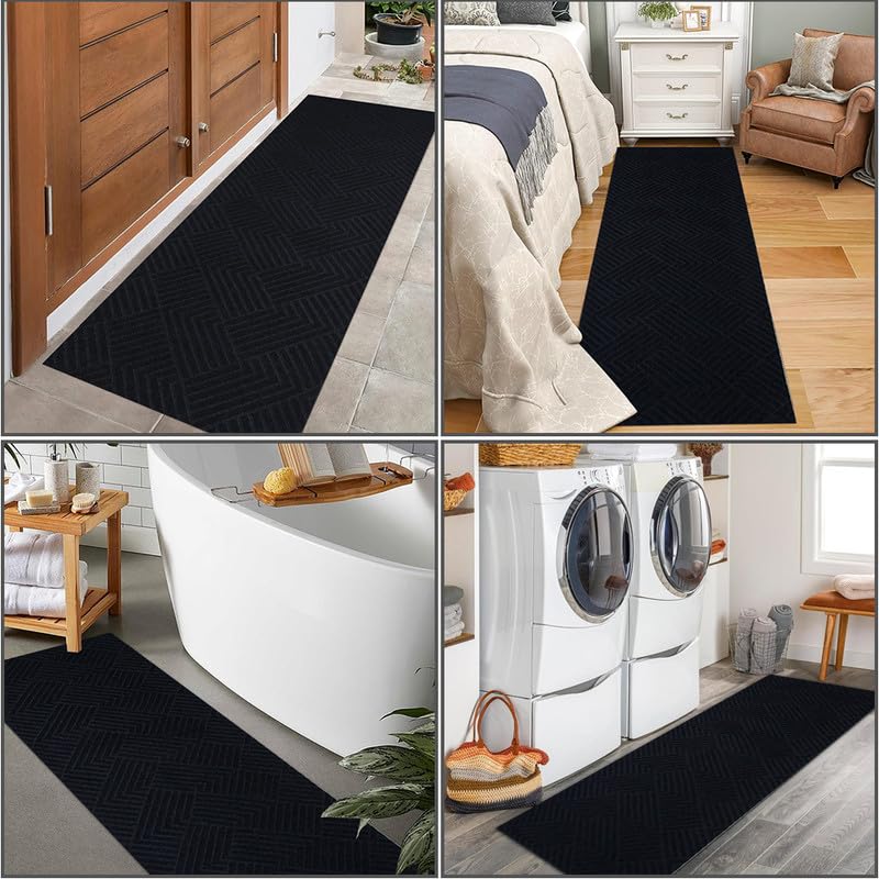 Runner Rug Non Slip, 1FT x 10FT Hallway Entryway Area Rug Indoor Outdoor Rubber Back Carpet Mat for Kitchen Laundry Room Foyer Balcony Living Room, Black Stripe