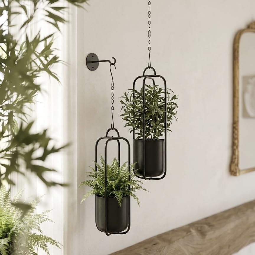 Hanging Planters for Indoor Plants Black Modern Hanging Pots for Plants 5.5 Inch,Metal Hanging Baskets Window Plant Hanger Ceiling Hanging Flower Pots with Chain for Wall Decor