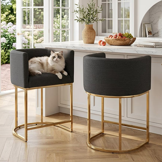 HNY Charcoal Modern Barrel Counter Height Clearance Bar Stools Set of 2, 24 Inch Linen Kitchen Barstools with Back for Island, with Gold Metal Tubular Frame - color: 24inch Charcoal,gold Base