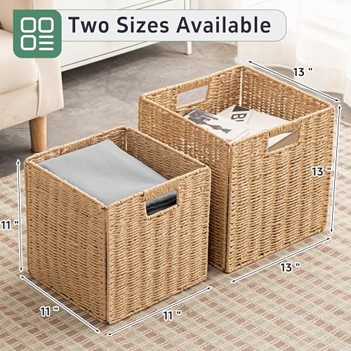 13x13x13 Storage Cube Bins Set of 4, Paper Rope Hand Woven Storage Basket with Handles, Collapsible Square Storage Cubes for Shelves, Wicker Shelf Baskets for Living Room Bedroom Organizing, Natural - size: 13" x 13" x 13" (4 Pack)