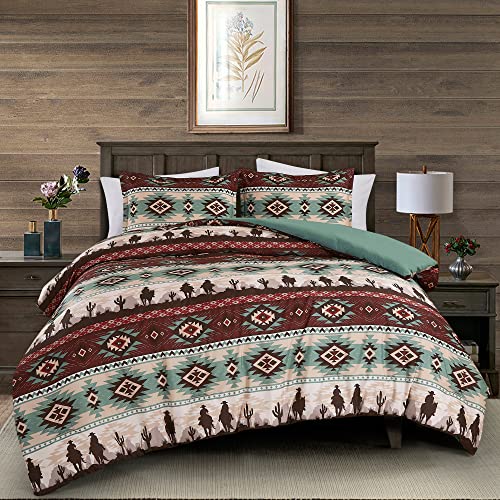 Chezmoi Collection Audun 3-Piece Southwestern Cowboys Aztec Comforter Set - Multicolor Teal Brown Beige Tan Red Printed Washed Microfiber Bedding, Full Size - color: Teal Multi Cowboys, size: Full