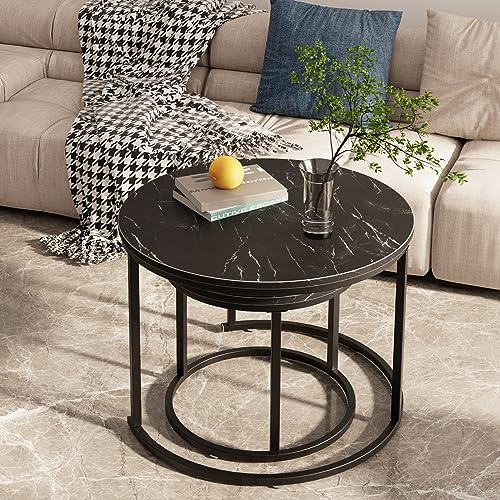 aboxoo Round Nesting Coffee Table Side Set of 2 End Tables for Living Room Bedroom Balcony,Black Faux Marble Wooden Table 23.6IN Accent Large Coffee Table with Steel Frame - color: Black Marble