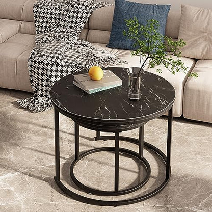 aboxoo Round Nesting Coffee Table Side Set of 2 End Tables for Living Room Bedroom Balcony,Black Faux Marble Wooden Table 23.6IN Accent Large Coffee Table with Steel Frame - color: Black Marble