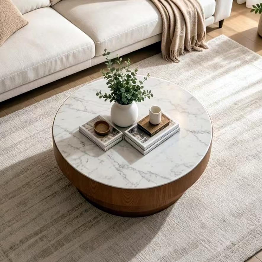 31.5" Round White Sintered Stone Coffee Table, Mid-Century Modern Marble Coffee Table with Stable Wood Pedestal Base, Circle Drum Cocktail Center Tea Tables for Living Room Bedroom Apartment - color: White