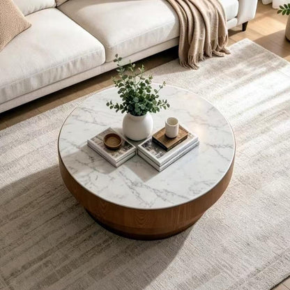 31.5" Round White Sintered Stone Coffee Table, Mid-Century Modern Marble Coffee Table with Stable Wood Pedestal Base, Circle Drum Cocktail Center Tea Tables for Living Room Bedroom Apartment - color: White