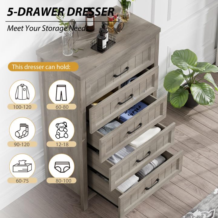Jocoevol 5 Drawer Dresser for Bedroom - Farmhouse 44.9" Tall Chest of Dresser with Large Storage, Rubst Wood Construction for Living Room, Hallway & Entryway - Gray - color: Grey