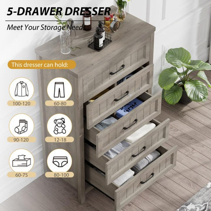 Jocoevol 5 Drawer Dresser for Bedroom - Farmhouse 44.9" Tall Chest of Dresser with Large Storage, Rubst Wood Construction for Living Room, Hallway & Entryway - Gray - color: Grey