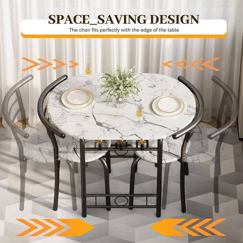 Shahoo 3-Piece Dining Table Set for 2, Kitchen Breakfast Nook Set | 2 Chairs & Round Tabletop, Space Saving Wooden Furniture Metal Frame and Built-in Wine Rack, Marble White & Black - color: Marble White & Black