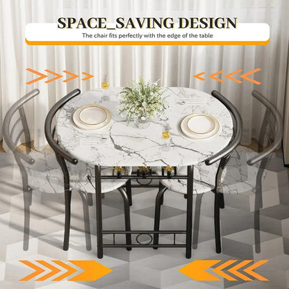 Shahoo 3-Piece Dining Table Set for 2, Kitchen Breakfast Nook Set | 2 Chairs & Round Tabletop, Space Saving Wooden Furniture Metal Frame and Built-in Wine Rack, Marble White & Black - color: Marble White & Black