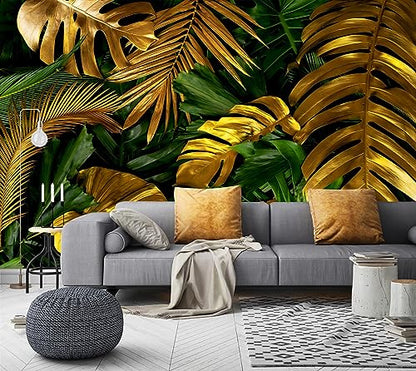 Gold Tropical Palm Leaf Peel and Stick Wallpaper Mural for Bedroom | 137"x100" - color: W-042, size: 137" x 100"
