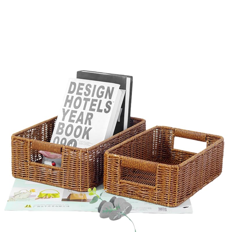 Plastic Storage Baskets for Shelves and Cabinets, Wicker Storage Baskets for Shelves, Pantry Baskets Organization and Storage, Water-Resistant and Durable(Set of 2, Brown)