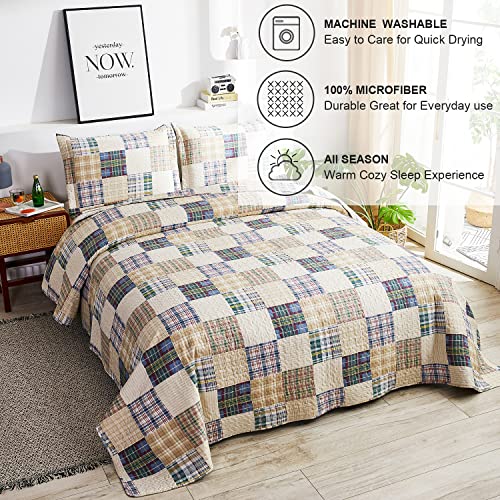 Ycosy Beige Plaid Quilt Set Full/Queen Size Patchwork Quilts Bedding Plaid Reversible Bedspread Coverlet Soft Lightweight Bed Cover Set All Season,1 Quilt 2 Pillow Shams - color: Beige, size: Full/Queen