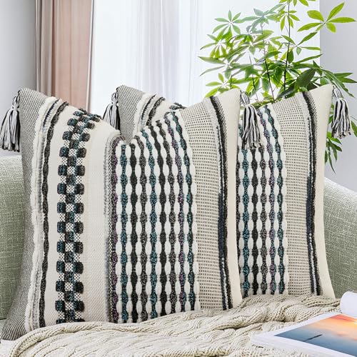 Set of 2 Chenille Striped Textured Boho Throw Pillow Covers Aesthetic with Tassels Woven Decorative Pillow Case for Couch Bed Sofa Bedroom Modern Funky 18 x 18-Inch Black Multicolor - color: Black Multicolor, size: 18" x 18" (Pack of 2)
