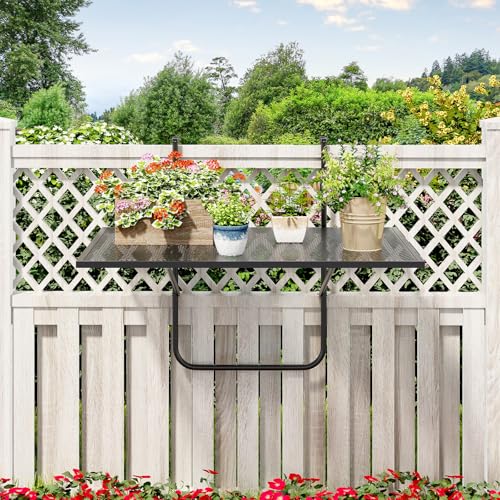 Tangkula Balcony Railing Table, Outdoor Folding Hanging Table with Metal Frame, Space-Saving Bar Serving Table Fits Railings Up to 2.4” Thick for Patio, Porch, Deck - size: 24” x 20” x 20”