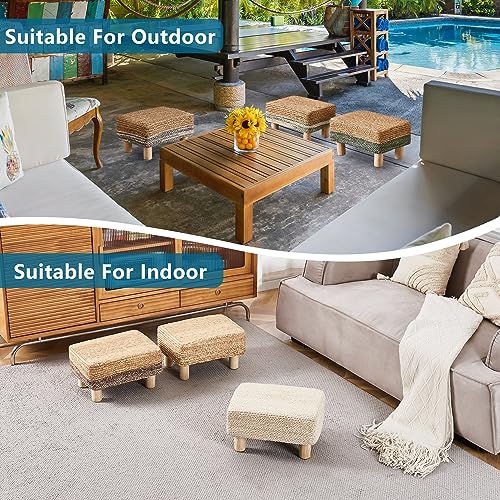 Wimarsbon Natural Seagrass Footstool Ottoman Rectangular Footrest Pouf Ottomans with Wooden Legs Hand Weave Step Stool for Living Room Bedroom Entryway Natural - color: Natural, size: 12"D x 16.5"W x 9.5"H