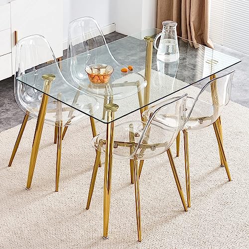 Baysitone Clear Dining Chairs Set of 8, Modern Kitchen Chairs with Transparent Seat, Acrylic Accent Side Chairs with Plating Metal Legs for Dining Room, Kitchen, Living Room with Gold - color: Golden, size: Set of 8