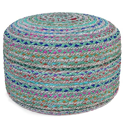 SIMPLIHOME Morden 18" Wide Square Pouf in Camel Brown Genuine Leather | Boho footstool, braided pouf, extra seating for living room or bedroom with polystyrene bead filling, assembled; accent seat. - color: Multi-green, style: Pouf
