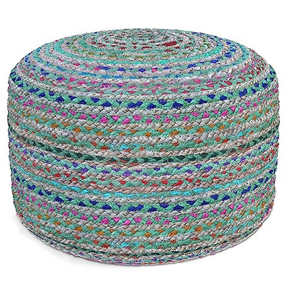SIMPLIHOME Morden 18" Wide Square Pouf in Camel Brown Genuine Leather | Boho footstool, braided pouf, extra seating for living room or bedroom with polystyrene bead filling, assembled; accent seat. - color: Multi-green, style: Pouf