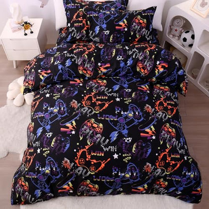 JSD Black Gaming Kids Duvet Cover Set Twin Size | 2 Piece Soft Printed Microfiber Duvet Cover with Pillow Sham Zipper Closure, Comforter Not Included, Oeko-Tex Certified - color: Black Gamer, size: Twin