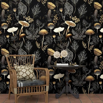Dark Mushroom Wallpaper Peel and Stick 17.5" x 393",Black Gold | Self Adhesive/Removable/Waterproof/Thick Vinyl Contact Paper for Bathroom Bedroom Shelf Cabinet Drawer,Prepasted,Easy Peel - color: Black Gold, size: 17.5" x 118"