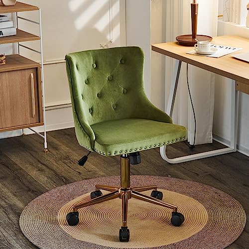 VINGLI Olive Green Velvet Armless Office Desk Chair with Gold Base/Wheels, Small Cute Vanity/Makeup Chair with Back for Bedroom, Upholstered Adjustable Rolling Swivel Nail Chair for Women/Girls - color: Olive