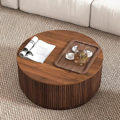 31.5" Round Coffee Table with Storage, Mid Century Modern Coffee Tables with Fluted Base, Wooden Circle Accent Center Table for Living Room Small Space Apartment Office (Walnut) - color: Walnut 31.5" Round Flip-top