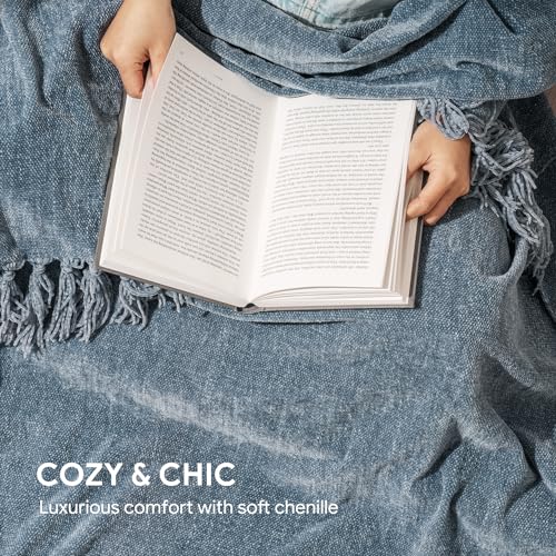 RECYCO Throw Blanket Soft Cozy Chenille Throw Blanket with Fringe Tassel for Couch Sofa Chair Bed Living Room Gift (Dusty Blue, 60'' x 80'') | Super Soft Knit Throw Blanket with Fringe Tassels, Lightweight Knitted Throw, Cozy, Ideal for Sofa Chair Bed Liv