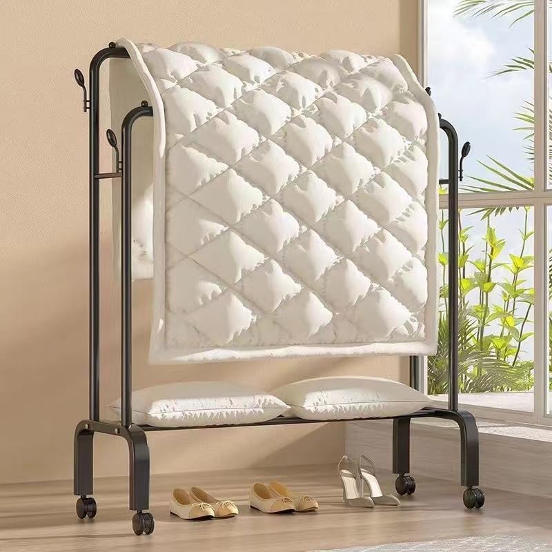 Double-Rod Garment Rack with Wheels, Clothing Rack for Hanging Clothes,4 Hooks, Multi-functional Bedroom Clothes Rack, Black