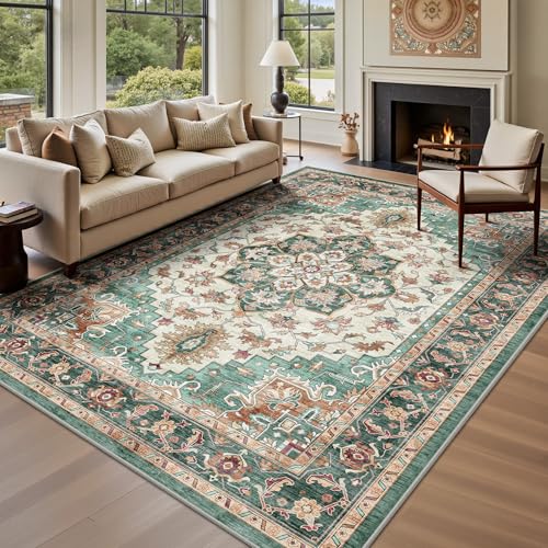 5x7 Area Rugs - Washable Rug Vintage Distress Boho Medallion Rugs for Living Room, Soft Non-Slip Backing Low Pile Carpet for Bedroom Dining Room Office Nursery Dorm Home, Green Brown - color: B-green Brown, size: 5' x 7' (Rectangular)