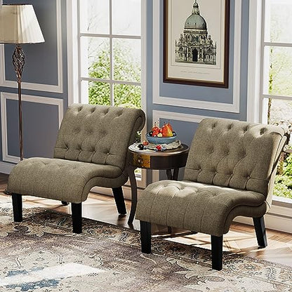 Accent Chairs Set of 2 Modern Armless Living Room Bedroom Side Chairs Button Tufted Upholstered Leisure Chair with Wood Legs - color: Khaki, size: 2 Chairs