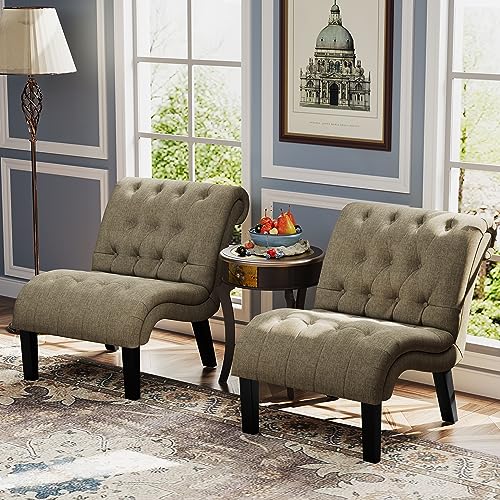 Accent Chairs Set of 2 Modern Armless Living Room Bedroom Side Chairs Button Tufted Upholstered Leisure Chair with Wood Legs - color: Khaki, size: 2 Chairs