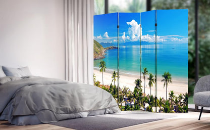 TOA 4 Panels Privacy Screen Room Divider Partition with Beach Hut Canvas, Water Resistant for Living Room, Bathroom, Home Office or College Dorm, Wood Frame