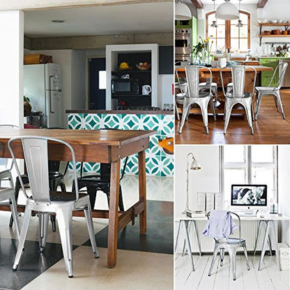 Devoko Metal Indoor-Outdoor Chairs Distressed Style Kitchen Dining Chairs Stackable Side Chair with Back Set of 4 (Silver) - color: Silver