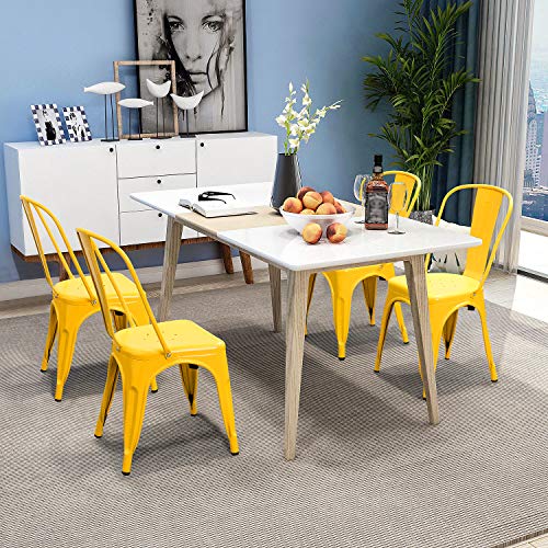 Devoko Metal Indoor-Outdoor Chairs Distressed Style Kitchen Dining Chairs Stackable Side Chair with Back Set of 4 (Yellow) - color: Yellow